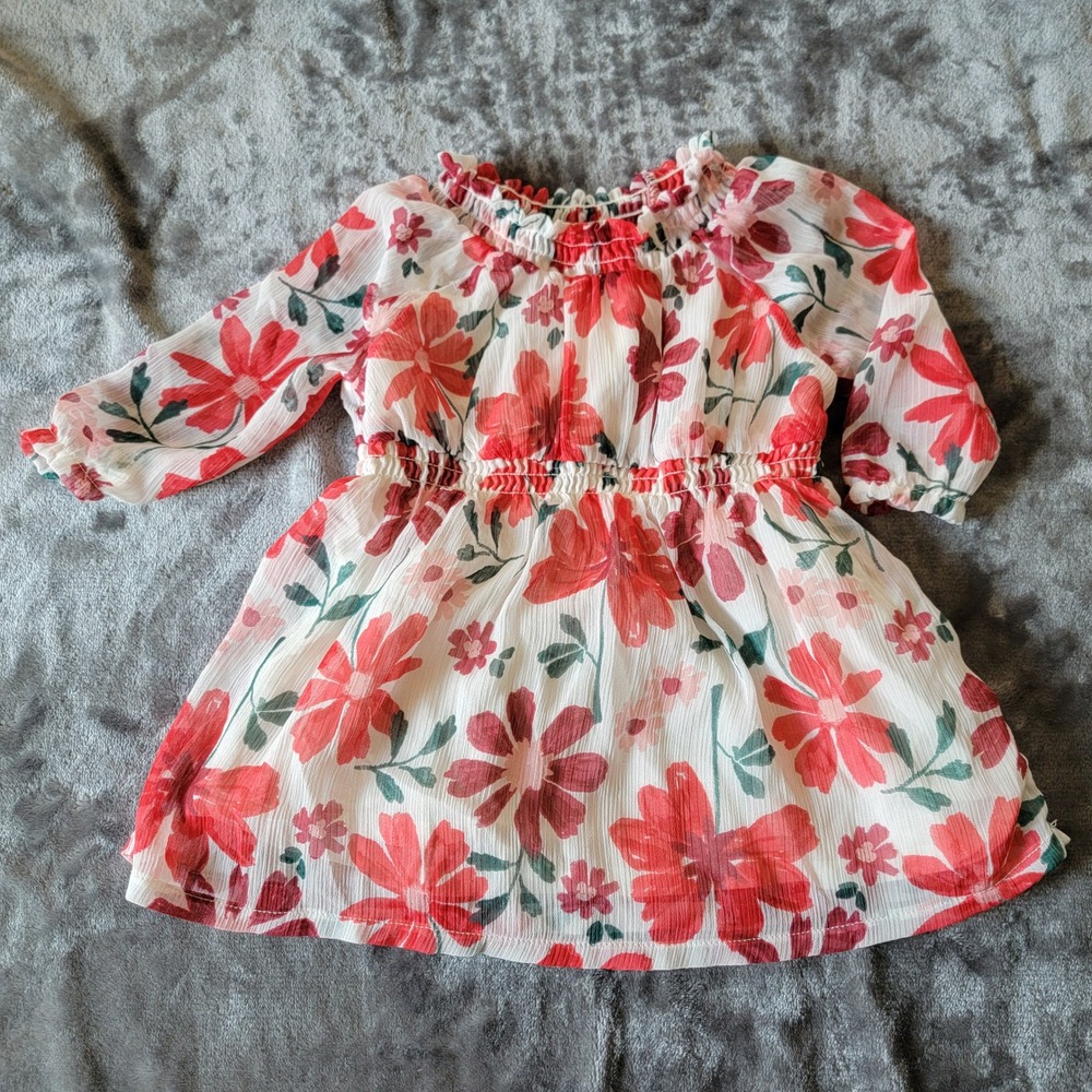 Carter's Floral Dress Baby Girls 3M White Red Excellent Long Sleeve Chiffon 724